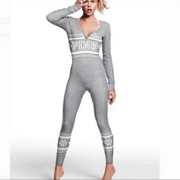 Victoria's Secret PINK Fair Isle Thermal Long Jane Romper Onesie Pajama - Small - Picture 1 of 10